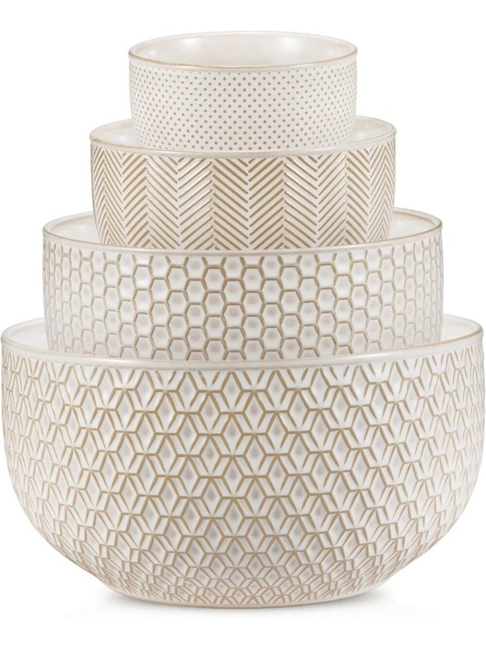 Set of 4 Embossed Ceramic Nesting Bowls - Oven Safe, Stylish Ivory Kitchenware
